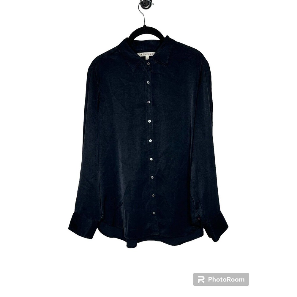 Xirena Womens Silky Blouse Size Small Button Front Shirttail Hi Low‎ Hem Black